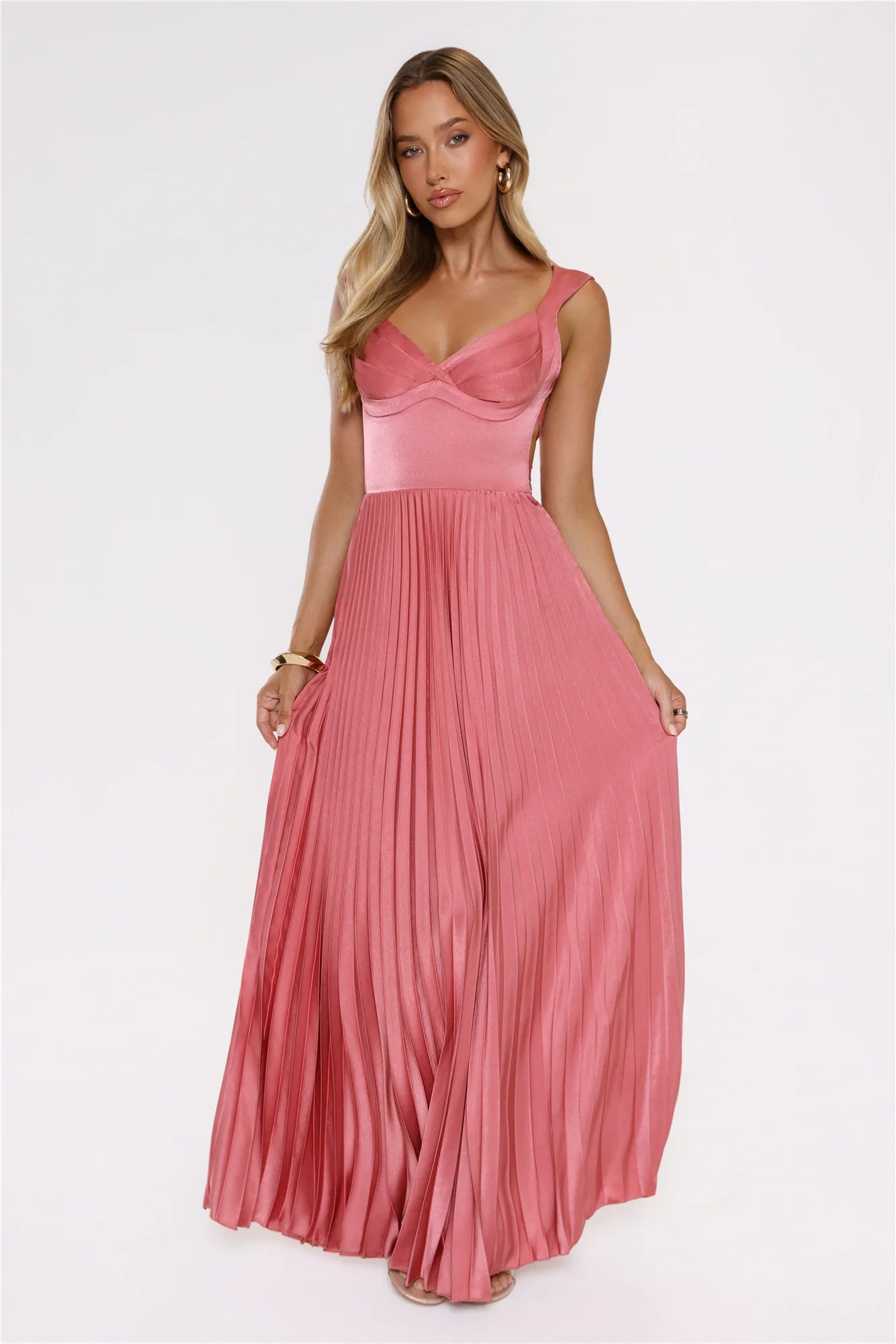 Satin Glow Pleated Maxi Dress Rose